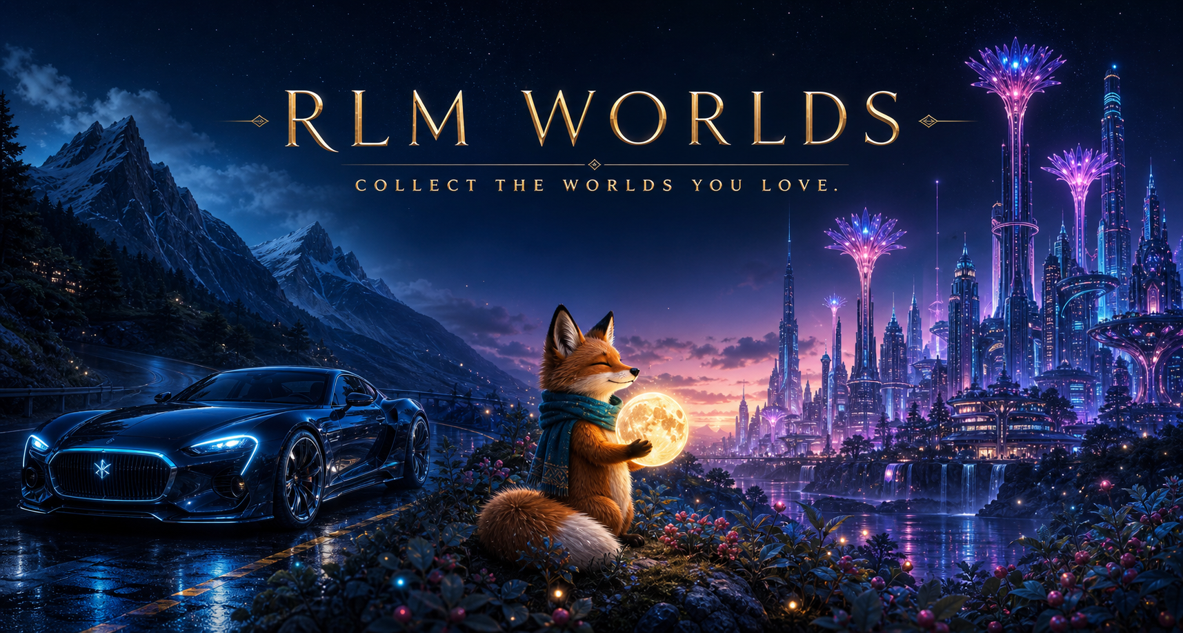 RLM Worlds: the Aurelius GT, Pip holding the moon, and the radiant city of Signal Bloom